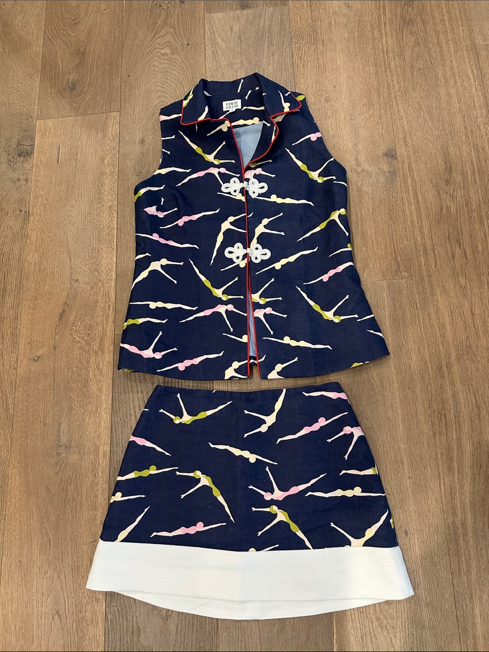 Navy Printed Linen Sleeveless Diver aprint Robe-Style Top and Skirt Set